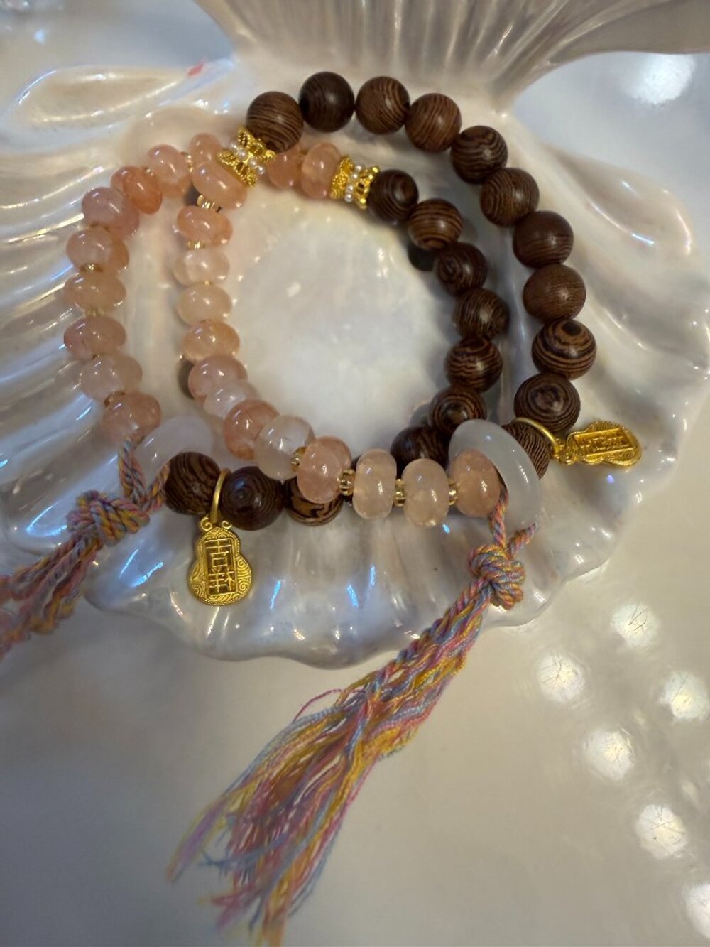Peanut Wood & Strawberry Glass Quartz Tassel Bracelet Set – Luck & Abundance Duo